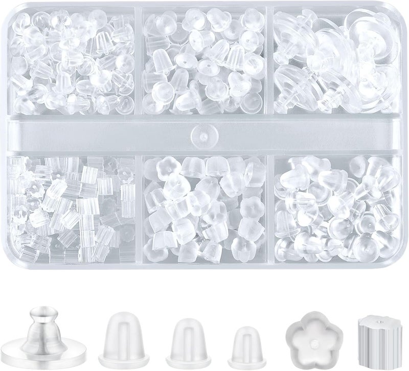 Formulen 6 Styles Silicone Earring Backs, 600 Clear Soft Hypoallergenic Plastic Rubber Earring Backs Clutch Stoppers Kits for Fish Hook Hoops - Image 1